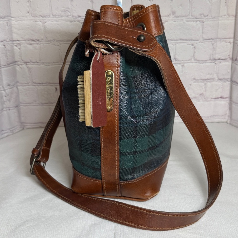 Vintage Polo Rally Lauren Plaid Brown Leather Crossbody Bucket Bag w/Luggage Tag - Picture 7 of 15